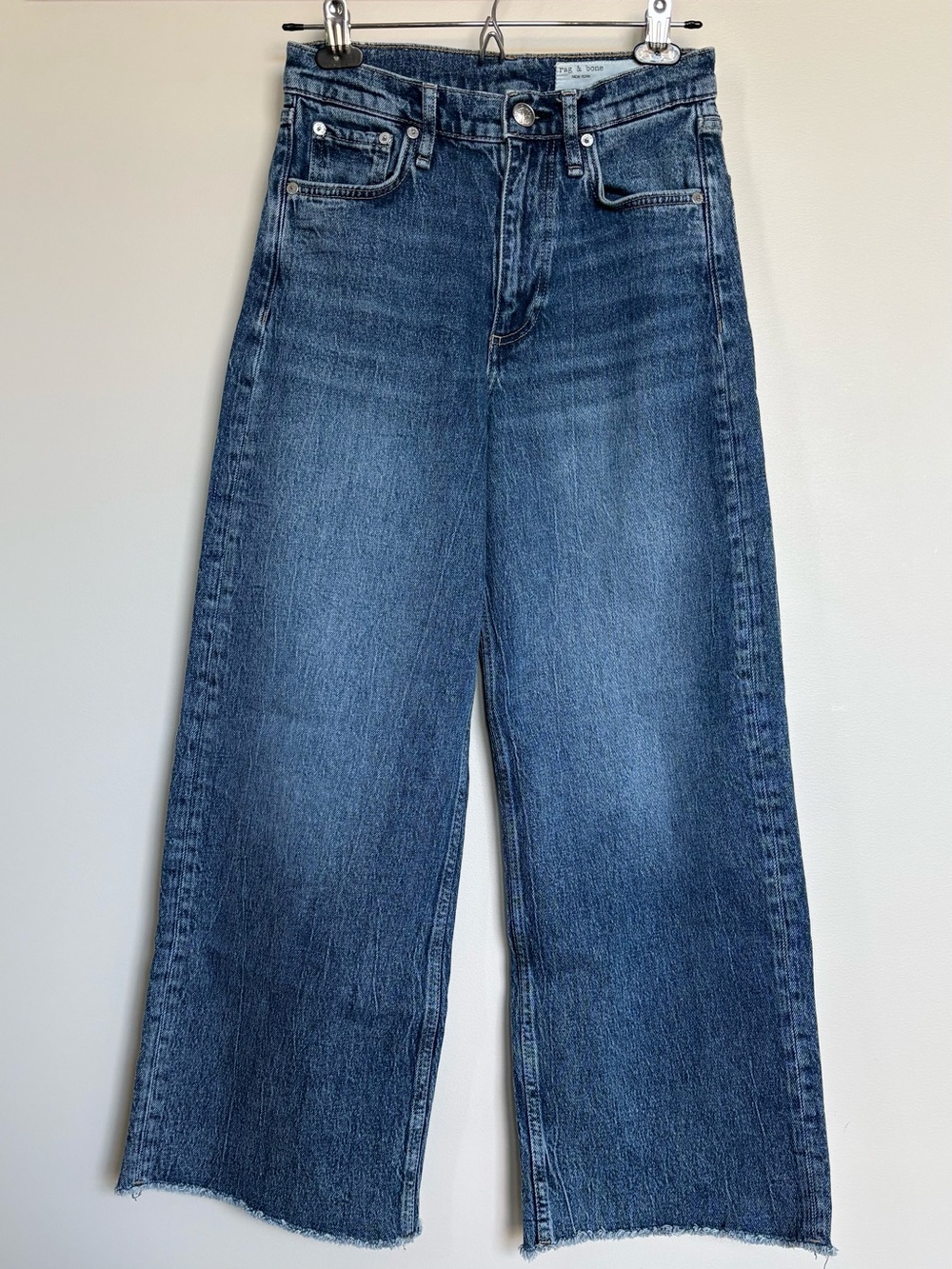 Rag & Bone Andi High Rise Wide Leg Jeans 25 Frayed Hem Blue Denim